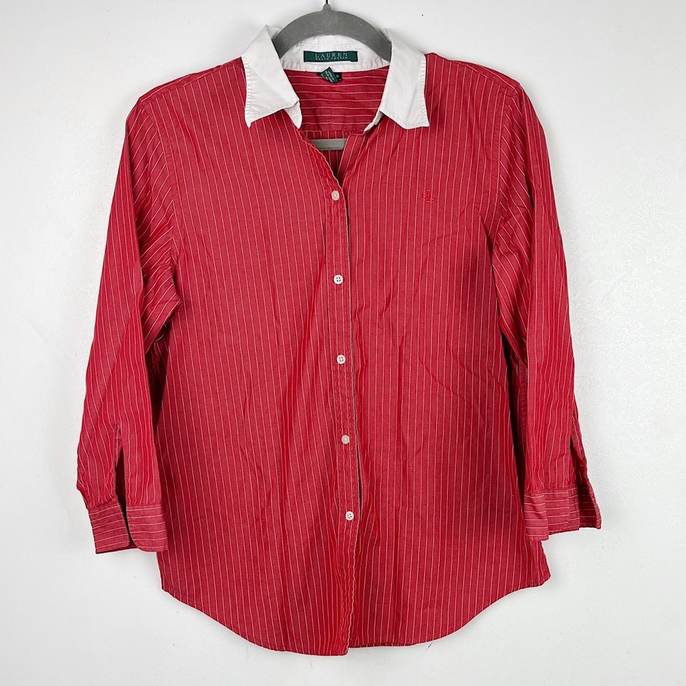 Lauren Ralph Lauren Red Striped Button Down Shirt Split Sleeves Collared Medium - Picture 1 of 8